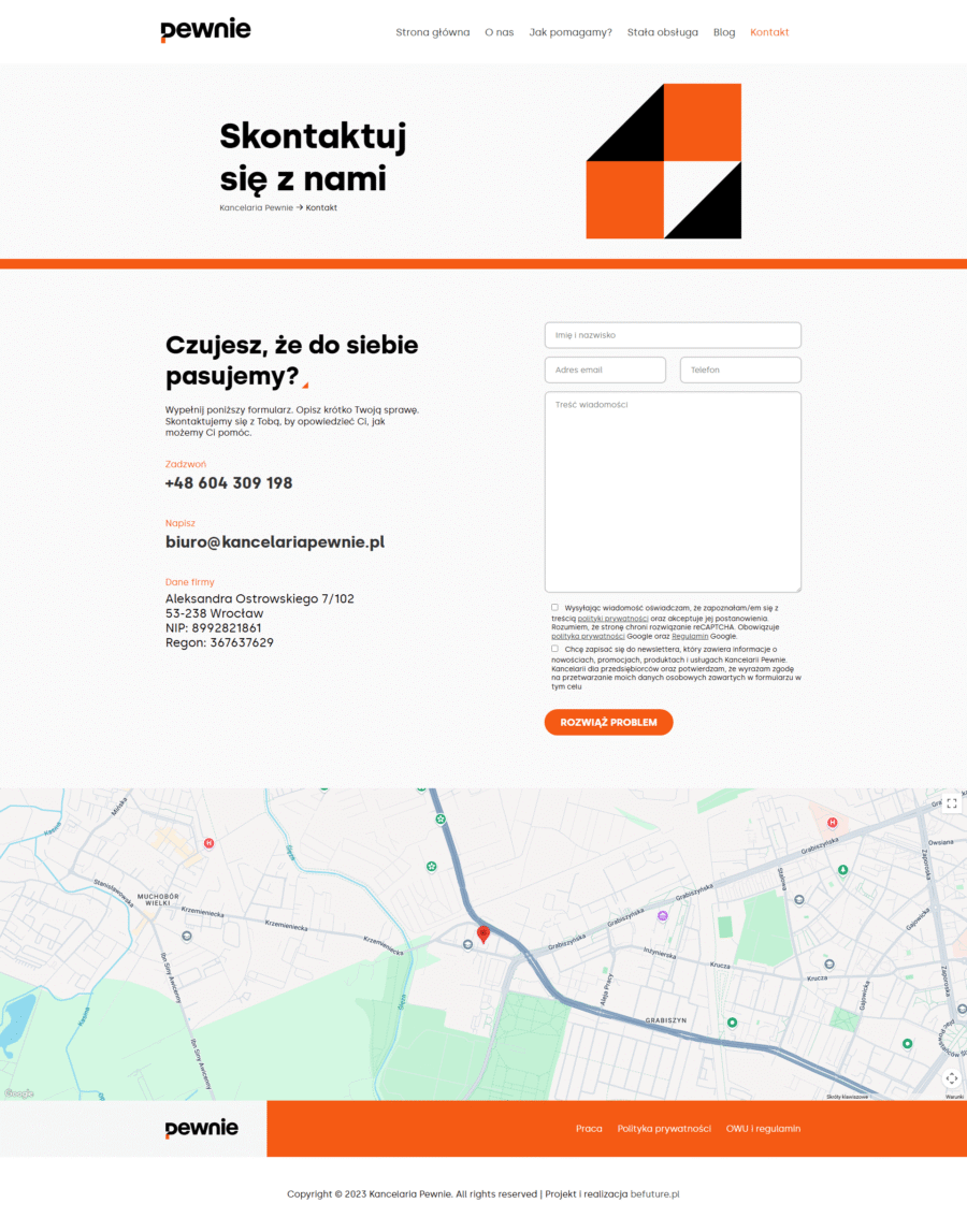 Widok projektu strony internetowej (kontakt) - kancelariapewnie.pl