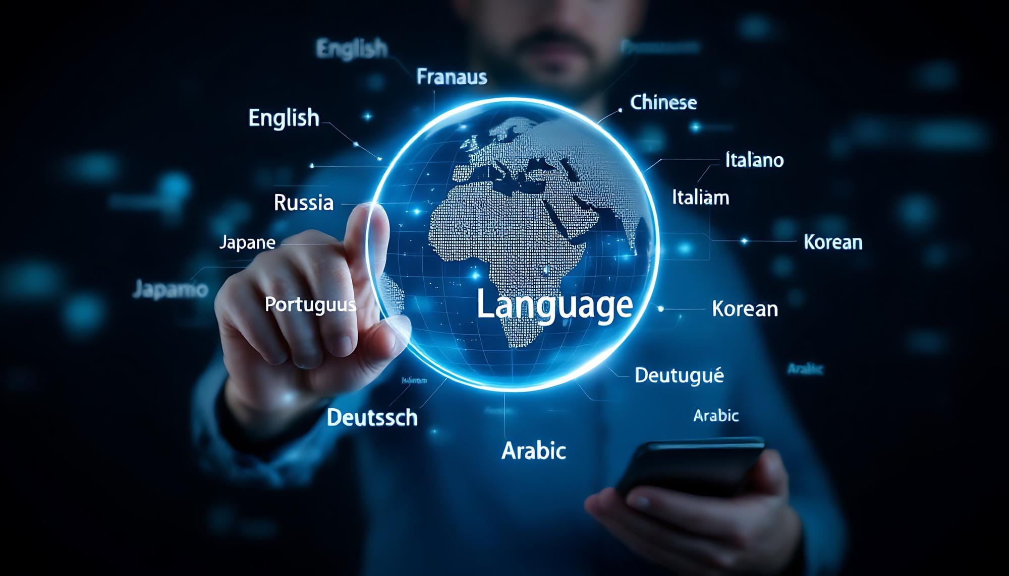 Mężczyzna dotyka hologramu ziemi z napisem "Language" i nazwami języków