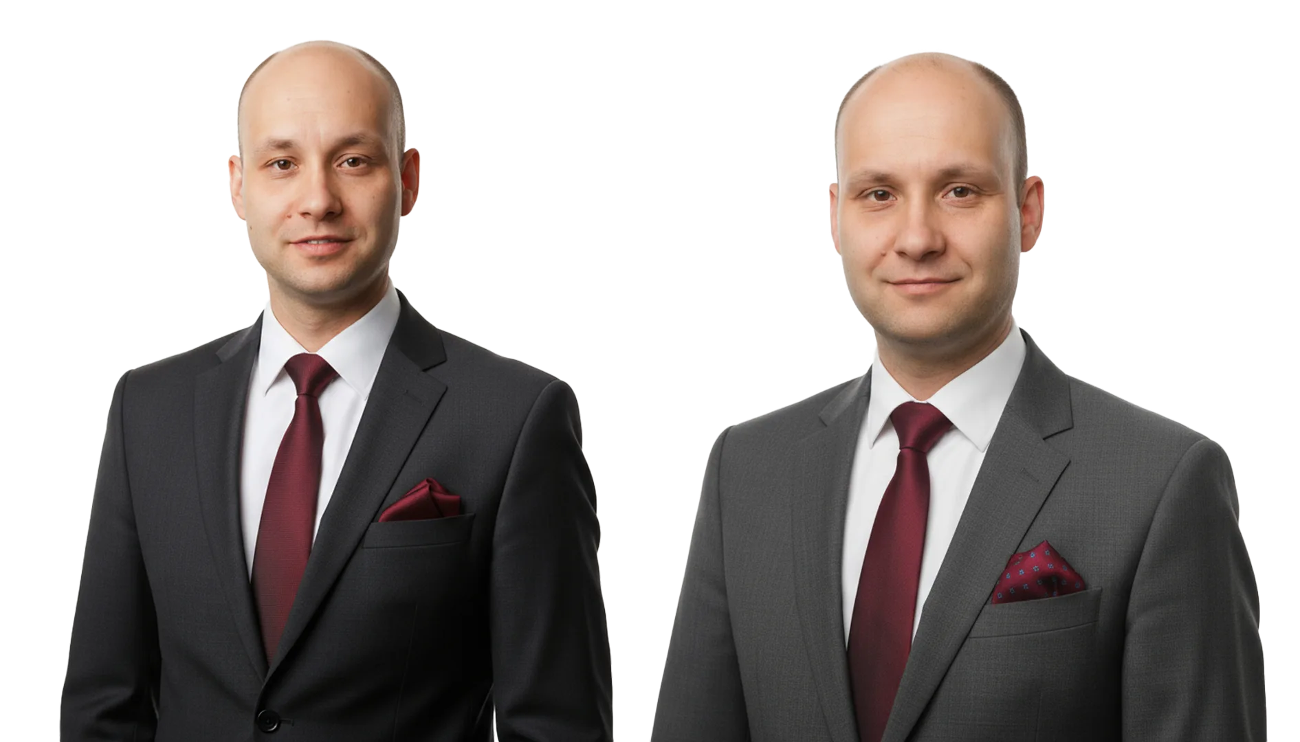 Dwóch mężczyzn w garniturach i krawatach na białym tle - wygenerowane przez AI