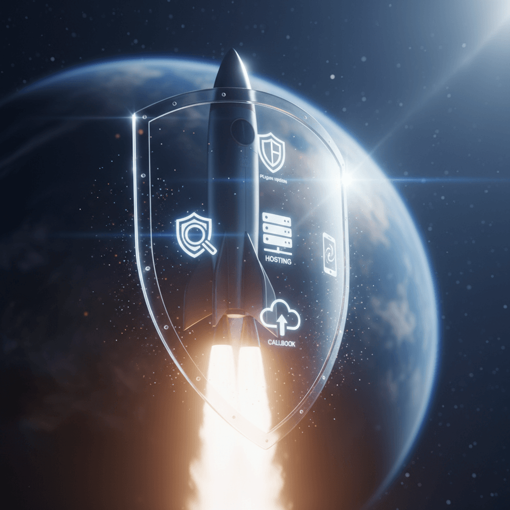 Rakieta wznosząca się w kosmos, otoczona przez szklany tarczę z ikonami