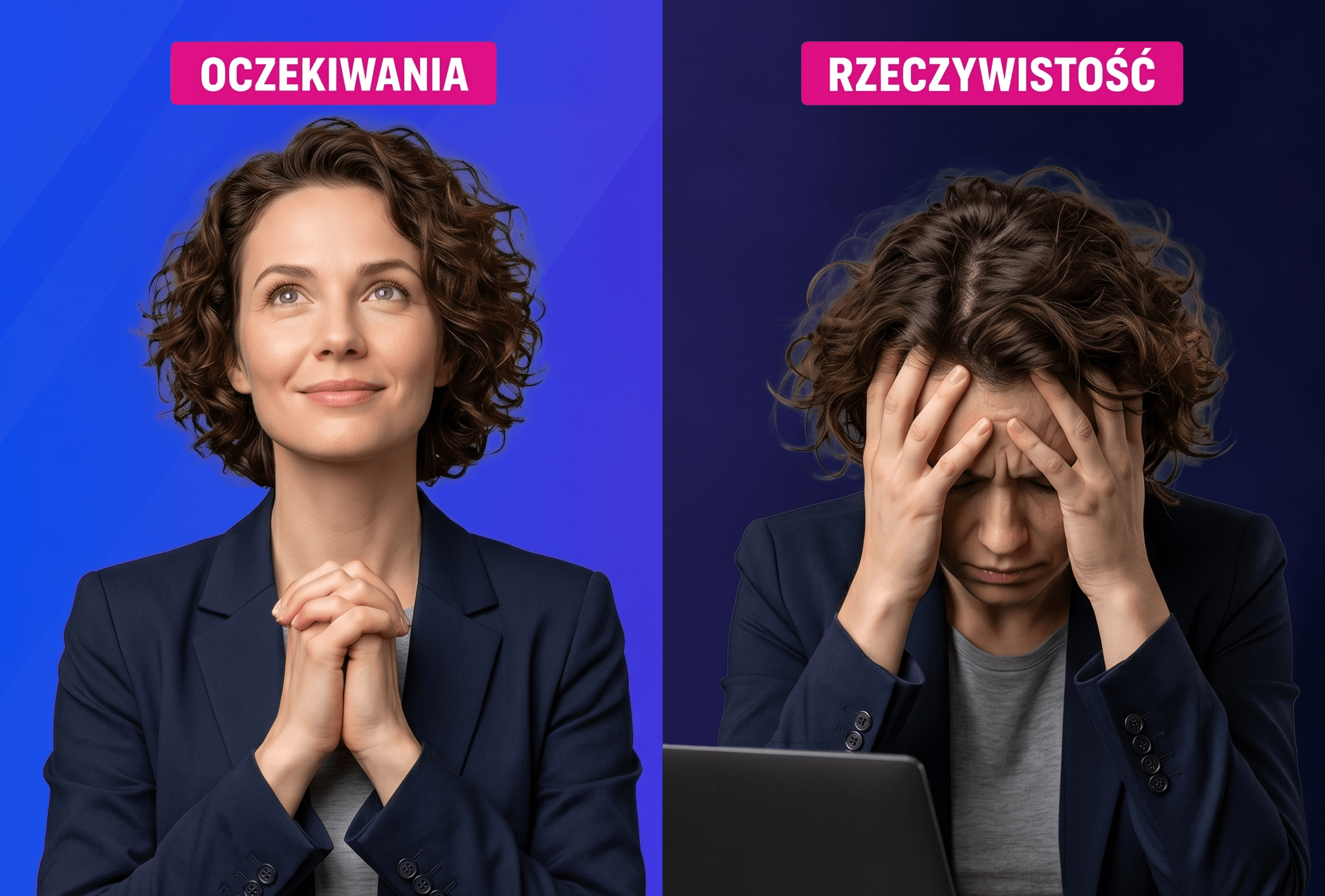 Porównanie: kobieta pewna siebie i zestresowany mężczyzna