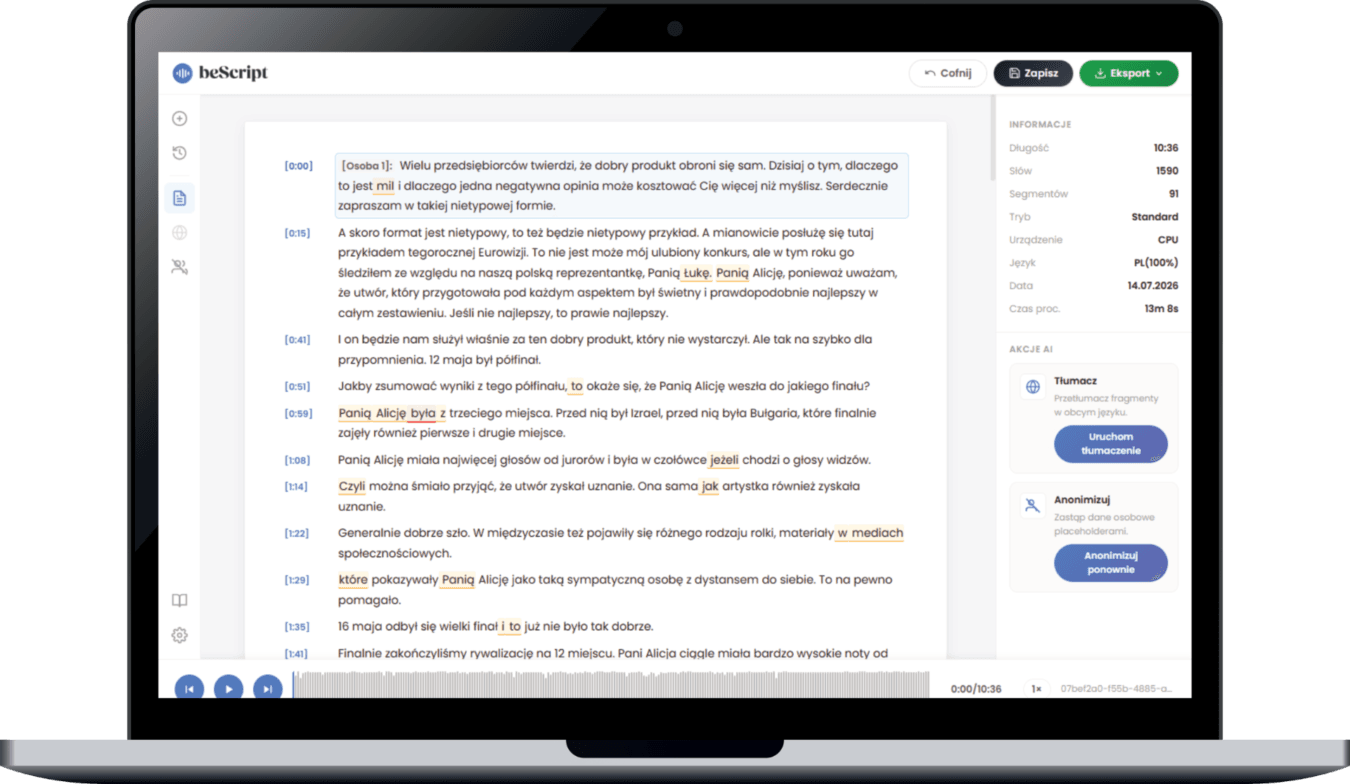 beScript - bezpieczny program do transkrypcji AI