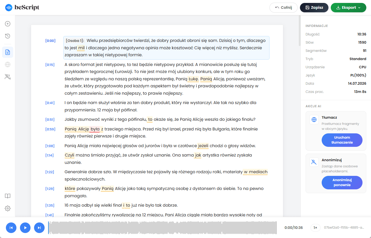 beScript - lokalna transkrypcja AI