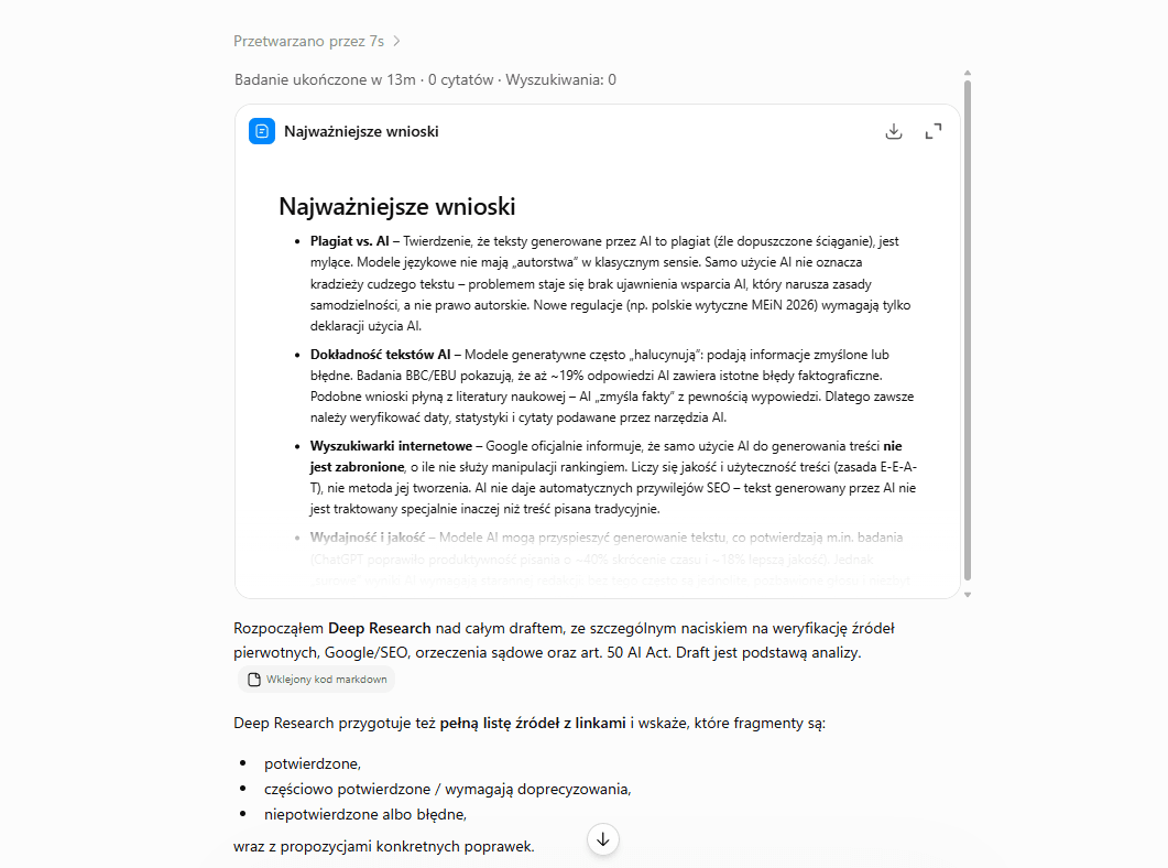 Raport z researchu w ChatGPT: 13 minut, 0 cytatów, 0 wyszukiwań.
