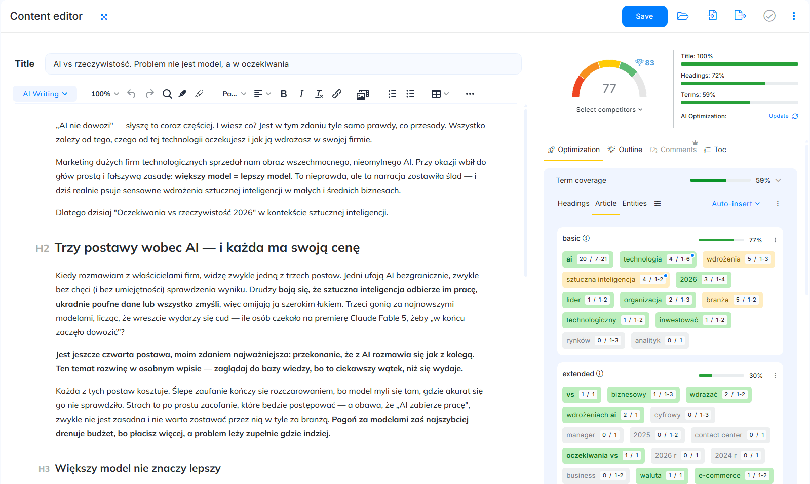 Przykładowy raport z Neuronwriter