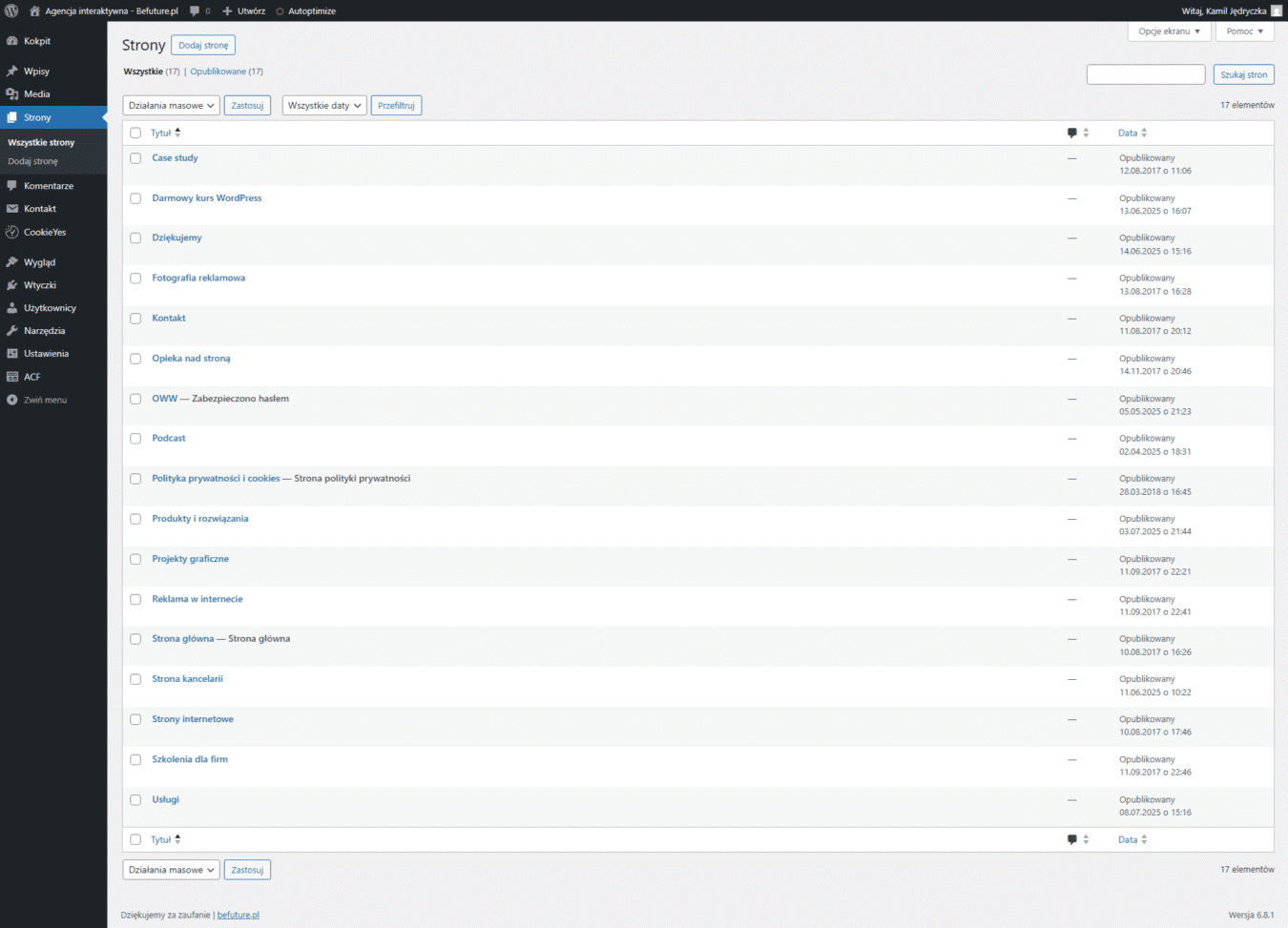 Zrzut ekranu panelu administracyjnego WordPress z listą stron